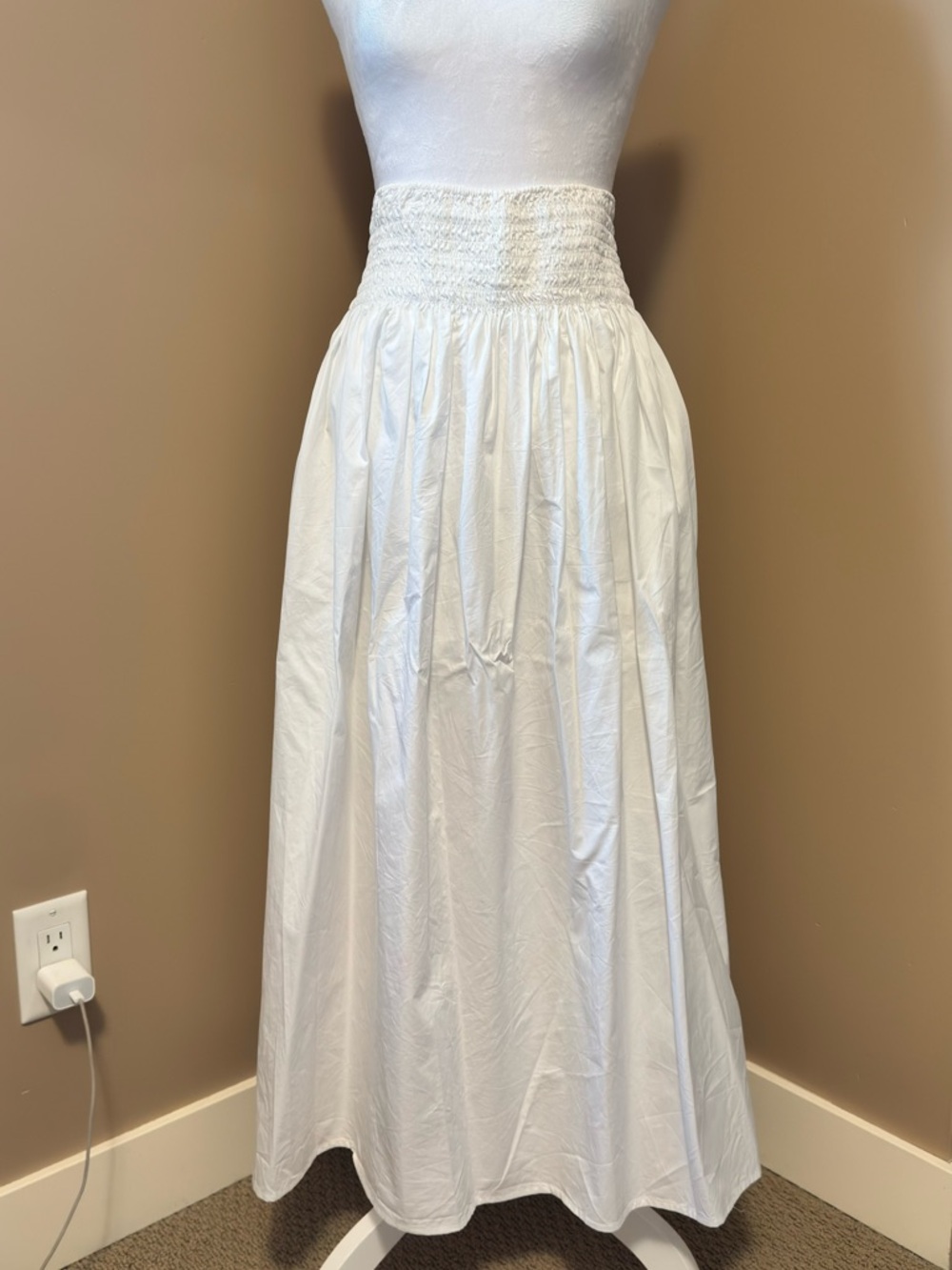 Zara White Maxi Smocked Waist Cotton Skirt